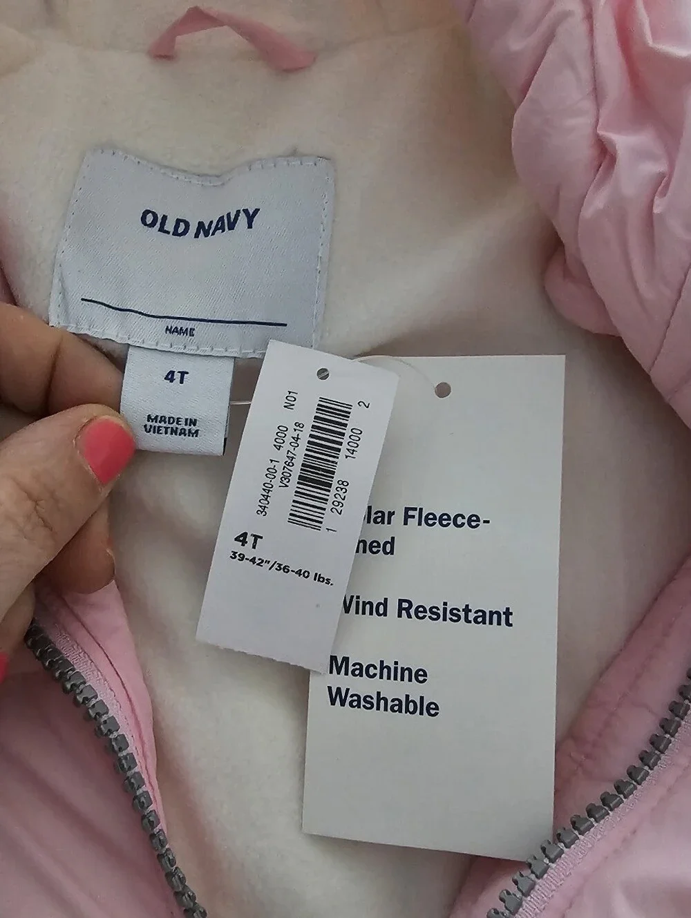 Old Navy Toddler Girls Pink Puffer Jacket 4T Fleece Lined Hooded Winter Coat NWT